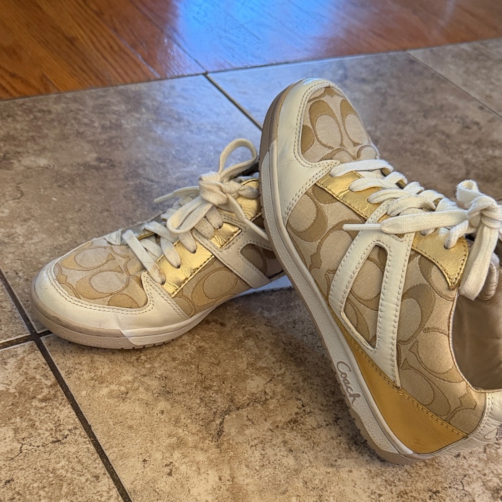 Coach Beige and Gold Lace-Up Sneakers